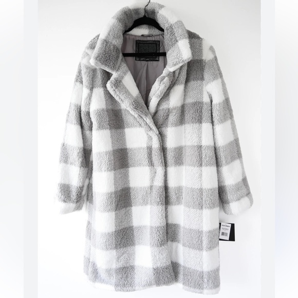 Steve Madden Teddy Plaid Coat.  Gray and white Quilted faux fur Jacket 3XL - Picture 1 of 15